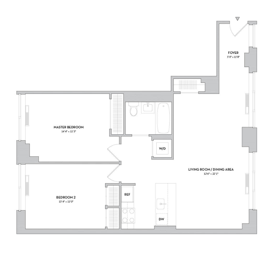 Floor plan for 2 beds, 1 bath, 994 sqft